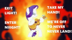 Size: 1280x720 | Tagged: safe, edit, edited screencap, screencap, character:rarity, species:pony, episode:honest apple, g4, my little pony: friendship is magic, bipedal, enter sandman, female, fire, guitar, guitarity, metallica, solo, song reference