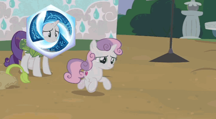 Size: 715x393 | Tagged: safe, edit, edited screencap, screencap, character:rarity, character:sweetie belle, species:pony, episode:forever filly, g4, my little pony: friendship is magic, animated, flower costume, flowerity, gif, heroes of the storm, metaphor, metaphor gif, obligatory pony