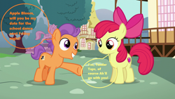 Size: 1280x720 | Tagged: safe, edit, edited screencap, screencap, character:apple bloom, character:tender taps, species:earth pony, species:pony, ship:tenderbloom, episode:on your marks, g4, my little pony: friendship is magic, accent, colt, date, dialogue, female, male, season 6, shipping, speech bubble, straight