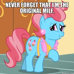 Size: 600x600 | Tagged: safe, edit, edited screencap, screencap, character:cup cake, species:earth pony, species:pony, apron, clothing, cropped, ear piercing, earring, female, image macro, jewelry, mare, meme, milf, piercing, solo