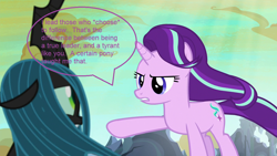 Size: 1280x720 | Tagged: safe, edit, edited screencap, screencap, character:queen chrysalis, character:starlight glimmer, species:changeling, episode:to where and back again, g4, my little pony: friendship is magic, bionicle, changeling queen, female, former queen chrysalis, kathleen barr, lego, roodaka, s06e26, season 6, vakama, voice actor joke, web of shadows