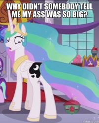 Size: 600x748 | Tagged: safe, edit, edited screencap, screencap, character:princess celestia, species:alicorn, species:pony, episode:a royal problem, g4, my little pony: friendship is magic, cropped, ethereal mane, female, image macro, looking at self, mare, meme, plot, spaceballs the tag, swapped cutie marks, vulgar