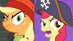 Size: 1920x1080 | Tagged: safe, edit, screencap, character:apple bloom, character:applejack, species:pony, episode:hard to say anything, episode:p.p.o.v. (pony point of view), g4, my little pony: friendship is magic, captain jackbeard, comparison, spyrate
