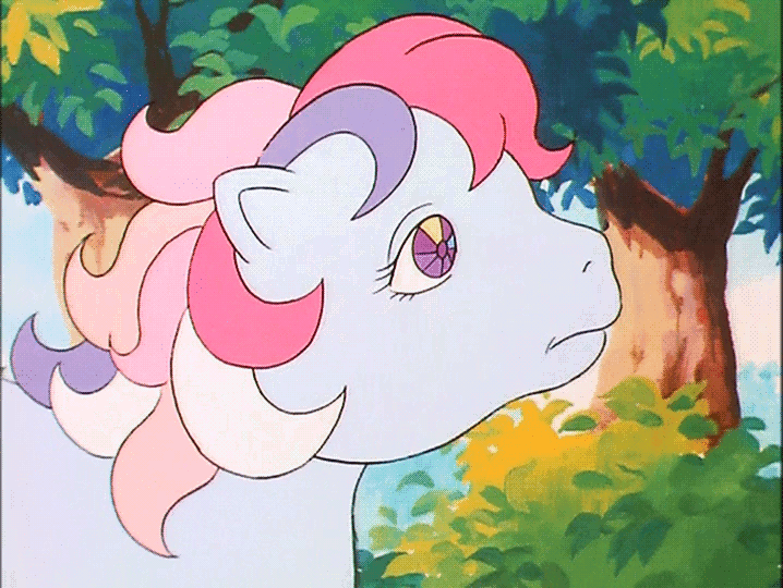 Size: 718x540 | Tagged: safe, edit, screencap, character:sweet stuff, species:pony, species:twinkle eyed pony, episode:sweet stuff and the treasure hunt, g1, my little pony 'n friends, animated, blinking, cute, gif, head turn, looking over shoulder, loop, reversed, smiling, solo, sweet sweet stuff