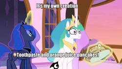 Size: 960x540 | Tagged: safe, edit, edited screencap, screencap, character:princess celestia, character:princess luna, species:pony, episode:a royal problem, g4, my little pony: friendship is magic, face, faec, food, image macro, juice, meme, orange juice, pancakes, pure unfiltered evil, swapped cutie marks, this will end in tears and/or a journey to the moon, toothpaste