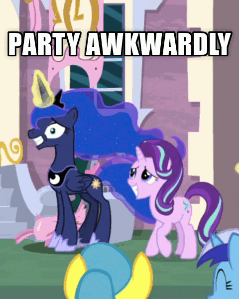 Size: 480x600 | Tagged: safe, edit, edited screencap, screencap, character:lemon hearts, character:minuette, character:princess luna, character:starlight glimmer, species:pony, episode:a royal problem, g4, my little pony: friendship is magic, animated, cropped, gif, grin, image macro, magic, meme, nervous, nervous grin, party hard, smiling, stomping, swapped cutie marks, telekinesis