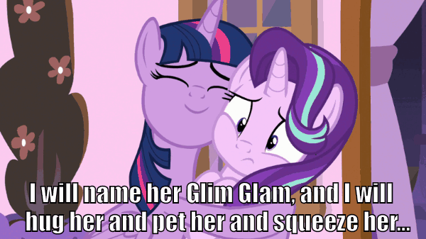 Size: 600x337 | Tagged: safe, edit, edited screencap, screencap, character:starlight glimmer, character:twilight sparkle, character:twilight sparkle (alicorn), species:alicorn, species:pony, species:unicorn, episode:a royal problem, g4, my little pony: friendship is magic, abominable snowman, and call him george, animated, confused, cute, eyes closed, female, gif, glim glam, glimmerbetes, glimmerdoption, happy, hug, image macro, looney tunes, mare, meme, nuzzling, open mouth, squishy cheeks, starlight is not amused, twiabetes, unamused