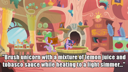 Size: 1280x720 | Tagged: safe, edit, edited screencap, screencap, character:spike, character:twilight sparkle, species:dragon, species:pony, species:unicorn, episode:winter wrap up, g4, my little pony: friendship is magic, season 1, bath, bathtub, bee sting, brush, cans, female, fireplace, golden oaks library, image macro, male, meme, ouch, plates, skunk spray, stool, the twilight zone, to serve man, tomato juice, window