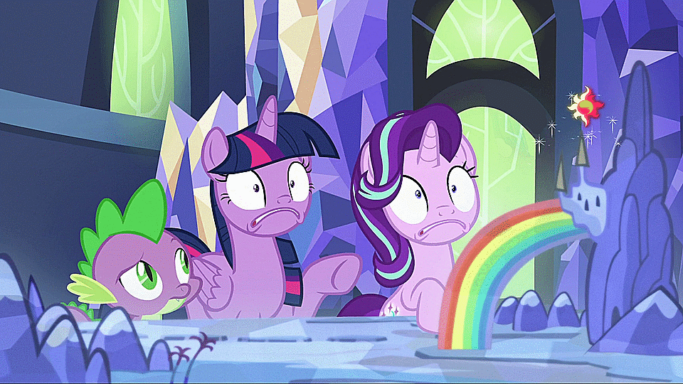Size: 960x540 | Tagged: safe, edit, edited screencap, screencap, character:spike, character:starlight glimmer, character:twilight sparkle, character:twilight sparkle (alicorn), species:alicorn, species:dragon, species:pony, species:unicorn, episode:a royal problem, g4, my little pony: friendship is magic, animated, barely animated, cutie map, cutie mark, frown, gif, grimace, implied sunset shimmer, loop, perfect loop, raised hoof, shrunken pupils, sparkles, this will end in tears, wide eyes