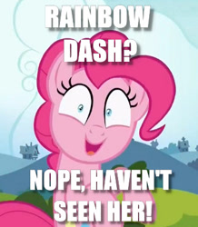 Size: 340x390 | Tagged: safe, edit, edited screencap, screencap, character:pinkie pie, species:pony, fanfic:cupcakes, blatant lies, cropped, image macro, implied death, meme