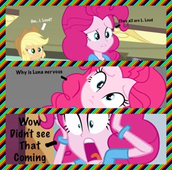 Size: 1540x1525 | Tagged: safe, edit, edited screencap, screencap, character:applejack, character:pinkie pie, my little pony:equestria girls, cartoon decision, confused, frown, l is love, shocked, talk about other cartoons, text, the loud house