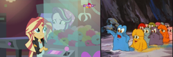 Size: 1956x638 | Tagged: safe, edit, edited screencap, screencap, character:starlight glimmer, character:sunset shimmer, species:bushwoolie, episode:escape from catrina, equestria girls:mirror magic, g1, g4, my little pony 'n friends, my little pony: equestria girls, my little pony:equestria girls, spoiler:eqg specials, canterlot mall, cinema, claw machine, geode of empathy, smiling, teletoon
