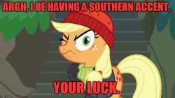 Size: 888x499 | Tagged: safe, edit, edited screencap, screencap, character:applejack, species:earth pony, species:pony, episode:p.p.o.v. (pony point of view), g4, my little pony: friendship is magic, captain jackbeard, female, image macro, imgflip, mare, meme, pirate, red text, red vs blue, sarge, solo