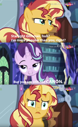 Size: 808x1312 | Tagged: safe, edit, edited screencap, screencap, character:starlight glimmer, character:sunset shimmer, species:pony, equestria girls:mirror magic, g4, my little pony: equestria girls, my little pony:equestria girls, spoiler:eqg specials, hilarious in hindsight, op is a duck, op is trying to start shit, sunset vs starlight debate, teletoon
