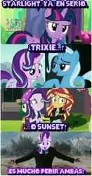Size: 753x1440 | Tagged: safe, edit, edited screencap, screencap, character:starlight glimmer, character:sunset shimmer, character:trixie, character:twilight sparkle, character:twilight sparkle (alicorn), species:alicorn, species:pony, episode:no second prances, equestria girls:mirror magic, g4, my little pony: equestria girls, my little pony: friendship is magic, my little pony:equestria girls, spoiler:eqg specials, iron man, screencap comic, spanish, translated in the comments