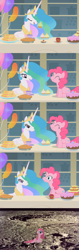 Size: 1240x3944 | Tagged: safe, edit, edited screencap, screencap, character:pinkamena diane pie, character:pinkie pie, character:princess celestia, species:pony, episode:a bird in the hoof, g4, my little pony: friendship is magic, balloon, cake, comic, cupcake, eating, eyes closed, food, lidded eyes, meme, moon, munching, now you fucked up, open mouth, pie, puffy cheeks, sad, sandwich, screencap comic, sitting, smiling, straight mane, this ended in journey to the moon, this ended in tears, to the moon, tyrant celestia, whoops