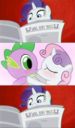 Size: 473x807 | Tagged: safe, edit, edited screencap, screencap, character:rarity, character:spike, character:sweetie belle, species:dragon, species:pony, species:unicorn, ship:spikebelle, episode:ponyville confidential, g4, my little pony: friendship is magic, blushing, female, filly, i'll destroy her, kissing, male, mare, meme, newspaper, shipping, straight