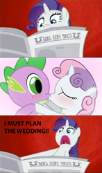 Size: 473x807 | Tagged: safe, edit, edited screencap, screencap, character:rarity, character:spike, character:sweetie belle, species:dragon, species:pony, species:unicorn, ship:spikebelle, episode:ponyville confidential, g4, my little pony: friendship is magic, caption, female, filly, i must plan the wedding, i'll destroy her, image macro, kissing, male, mare, meme, newspaper, ponibooru leftovers, shipper on deck, shipperity, shipping, straight