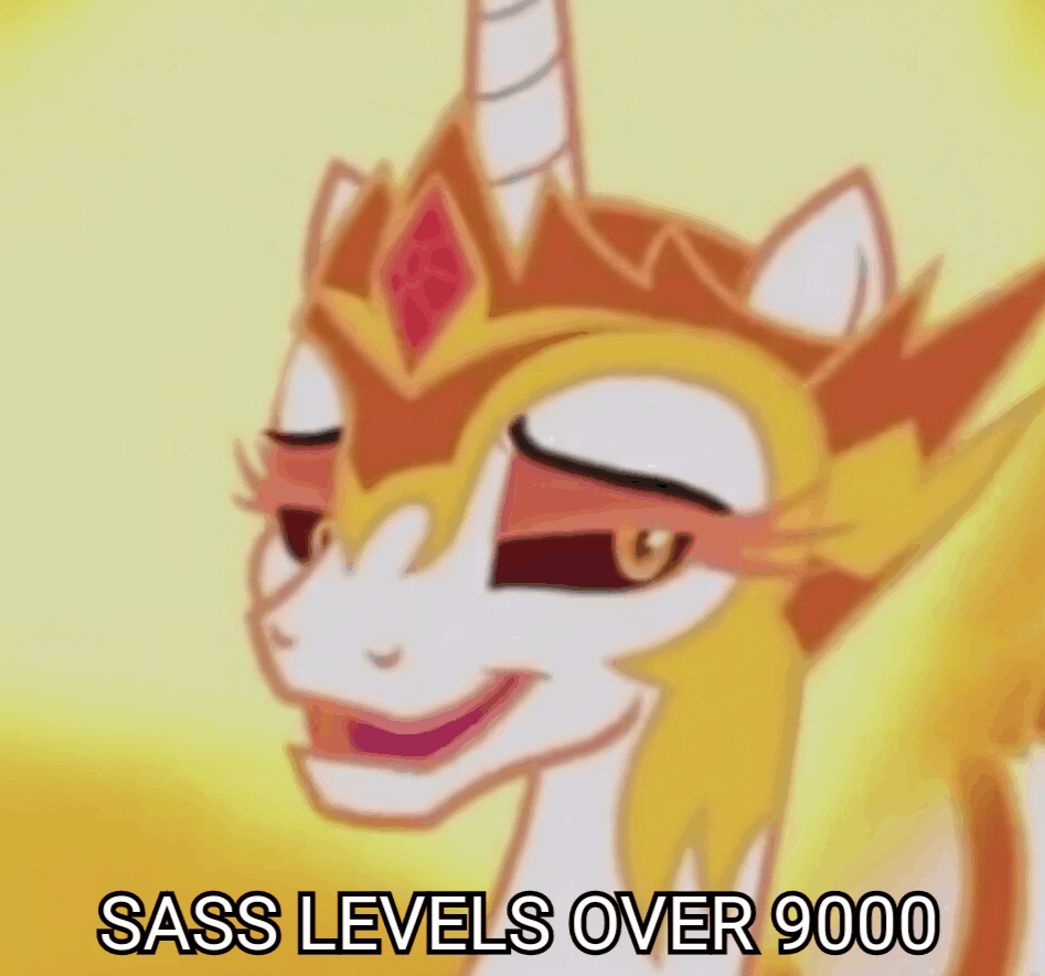 Size: 947x884 | Tagged: safe, edit, edited screencap, screencap, character:daybreaker, character:princess celestia, species:pony, episode:a royal problem, g4, my little pony: friendship is magic, animated, cropped, female, gif, it's over 9000, looking at you, meme, sassy, shaking, smiling, solo