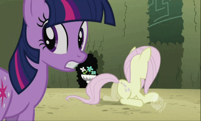 Size: 680x412 | Tagged: safe, edit, edited screencap, screencap, character:fluttershy, character:twilight sparkle, episode:the return of harmony, g4, my little pony: friendship is magic, animated, butthurt, canterlot hedge maze, discorded, flutterbitch, hub logo, hubble, plot, reaction image, the hub, wingless