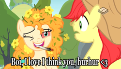 Size: 639x364 | Tagged: safe, edit, edited screencap, screencap, character:bright mac, character:pear butter, species:pony, episode:the perfect pear, g4, my little pony: friendship is magic, 420, bloodshot eyes, boomerang (tv channel), clothing, cowboy hat, drugs, flower, flower in hair, hat, high, marijuana, stetson, stoned