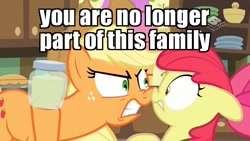 Size: 1024x576 | Tagged: safe, edit, edited screencap, screencap, character:apple bloom, character:applejack, species:earth pony, species:pony, episode:the perfect pear, g4, my little pony: friendship is magic, angry, apple sisters, applejerk, boomerang (tv channel), dishonorapple, disowned, female, filly, foal, image macro, mare, meme, pear, pear jam, shunning, sisters, that pony sure does hate pears