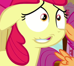 Size: 716x638 | Tagged: safe, edit, edited screencap, screencap, character:apple bloom, episode:hearts and hooves day, g4, my little pony: friendship is magic, clubhouse, cropped, crusaders clubhouse, floppy ears, inverted mouth, offscreen character, solo focus