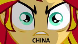 Size: 1920x1080 | Tagged: safe, edit, edited screencap, screencap, character:sunset shimmer, my little pony:equestria girls, angry, china, faec, image macro, meme, no nose, wat