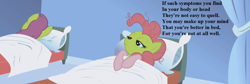 Size: 1280x431 | Tagged: safe, edit, edited screencap, screencap, character:pinkie pie, species:earth pony, species:pony, episode:applebuck season, g4, my little pony: friendship is magic, baked bads, bed, cherry punch, cropped, female, gilbert and sullivan, green face, lyrics, mare, sick, song reference, text, the grand duke
