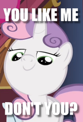 Size: 290x424 | Tagged: safe, edit, edited screencap, screencap, character:sweetie belle, species:pony, episode:just for sidekicks, g4, my little pony: friendship is magic, bronybait, cropped, female, image macro, lidded eyes, meme, question, smug, solo
