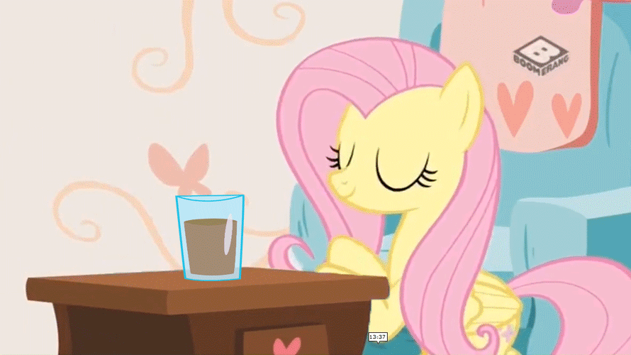 Size: 890x500 | Tagged: safe, edit, edited screencap, screencap, character:fluttershy, species:pony, episode:discordant harmony, g4, my little pony: friendship is magic, animated, bad pony, behaving like a cat, bipedal, bipedal leaning, boomerang (tv channel), chocolate, chocolate milk, cute, dreamworks face, everything is ruined, excited, female, gif, glass, hooves on cheeks, leaning, meme, milk, pure unfiltered evil, pushing, shyabetes, solo, spilled milk