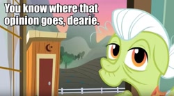 Size: 799x440 | Tagged: safe, edit, edited screencap, screencap, character:granny smith, species:earth pony, species:pony, episode:the perfect pear, g4, my little pony: friendship is magic, bust, female, forum weapon, into the trash it goes, looking at you, opinion discarded, outhouse, portrait, smiling, solo