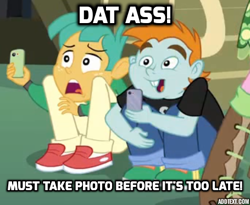 Size: 455x373 | Tagged: safe, edit, edited screencap, screencap, character:cheerilee, character:snails, character:snips, equestria girls:equestria girls, g4, my little pony: equestria girls, my little pony:equestria girls, caption, image macro, male, meme, open mouth, phone, stare, the ass was fat