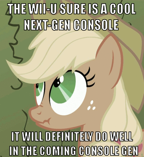 Size: 500x546 | Tagged: safe, edit, edited screencap, screencap, character:applejack, species:earth pony, species:pony, episode:the return of harmony, g4, my little pony: friendship is magic, animated, female, image macro, liarjack, looking up, mare, op is a duck, op is trying to start shit
