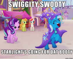 Size: 610x495 | Tagged: safe, edit, edited screencap, screencap, character:cantaloupe, character:dawn sunrays, character:starlight glimmer, character:trixie, species:earth pony, species:pony, species:unicorn, ship:startrix, my little pony: the movie (2017), background pony, canterlot, cape, caption, clothing, eyes closed, eyes on the prize, female, hat, image macro, impact font, lesbian, mare, meme, raised hoof, rearing, shipping, swiggity swooty, text, trixie's cape, trixie's hat
