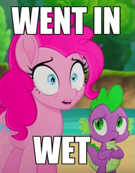 Size: 575x734 | Tagged: safe, edit, edited screencap, screencap, character:pinkie pie, character:spike, species:dragon, species:earth pony, species:pony, my little pony: the movie (2017), cropped, duo, female, image macro, male, mare, meme
