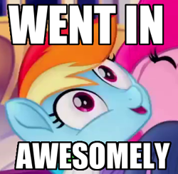 Size: 355x347 | Tagged: safe, edit, edited screencap, screencap, character:pinkie pie, character:rainbow dash, species:pony, my little pony: the movie (2017), cropped, female, image macro, mare, meme, rainbow dash is best facemaker