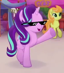 Size: 287x325 | Tagged: safe, edit, edited screencap, screencap, character:cantaloupe, character:starlight glimmer, species:earth pony, species:pony, species:unicorn, my little pony: the movie (2017), background pony, cropped, cute, deal with it, female, glimmerbetes, mare, raised hoof, solo, trailer