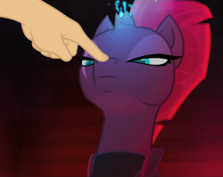Size: 1010x804 | Tagged: safe, edit, edited screencap, screencap, character:tempest shadow, species:pony, my little pony: the movie (2017), boop, boop edit, broken horn, cute, eye scar, horn, non-consensual booping, scar, sparking horn, tempting fate, this will end in pain, xk-class end-of-the-world scenario