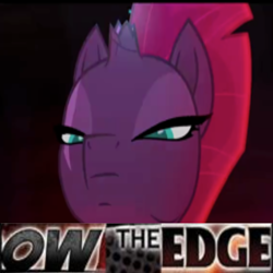 Size: 576x576 | Tagged: safe, edit, edited screencap, screencap, character:tempest shadow, species:pony, my little pony: the movie (2017), broken horn, caption, edgehorse, edgy, expand dong, exploitable meme, eye scar, female, horn, image macro, meme, ow the edge, scar, shadow the hedgehog (game), solo