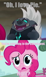 Size: 882x1473 | Tagged: safe, edit, edited screencap, screencap, character:grubber, character:pinkie pie, species:pony, my little pony: the movie (2017), caption, grubb pie, implied shipping, implied straight, quote, shipping, trailer
