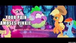 Size: 610x343 | Tagged: safe, edit, edited screencap, screencap, character:applejack, character:fluttershy, character:pinkie pie, character:rainbow dash, character:spike, species:seapony (g4), my little pony: the movie (2017), image macro, meme, puffer fish, sadism, seaponified, seapony applejack, seapony fluttershy, seapony pinkie pie, seapony rainbow dash, species swap, spike the pufferfish
