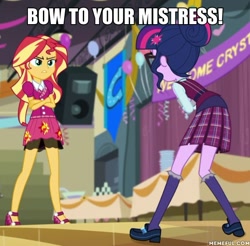 Size: 600x591 | Tagged: safe, edit, edited screencap, screencap, character:sunset shimmer, character:twilight sparkle, character:twilight sparkle (scitwi), species:eqg human, ship:scitwishimmer, ship:sunsetsparkle, equestria girls:friendship games, g4, my little pony: equestria girls, my little pony:equestria girls, clothing, crossed arms, crystal prep academy uniform, cutie mark on clothes, female, femdom, femsub, image macro, lesbian, meme, school uniform, shipping, submissive