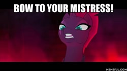 Size: 600x337 | Tagged: safe, edit, edited screencap, screencap, character:tempest shadow, species:pony, species:unicorn, my little pony: the movie (2017), broken horn, bust, eye scar, female, femdom, horn, image macro, mare, meme, mistress, open up your eyes, scar