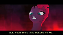 Size: 756x425 | Tagged: safe, edit, edited screencap, screencap, character:tempest shadow, species:pony, species:unicorn, my little pony: the movie (2017), all your base are belong to us, broken horn, eye scar, female, horn, image macro, meme, scar, solo, zero wing