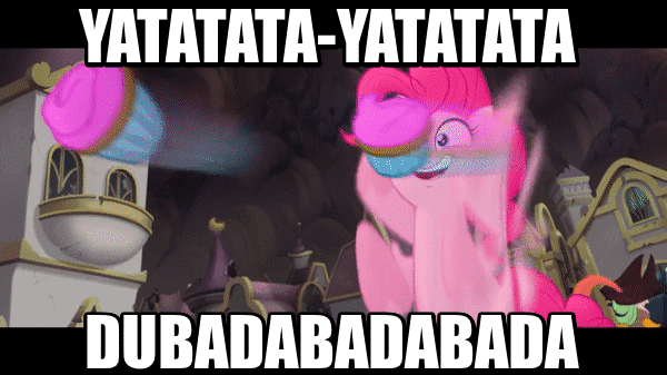 Size: 600x337 | Tagged: safe, edit, edited screencap, screencap, character:pinkie pie, species:pony, my little pony: the movie (2017), animated, assaulting with cake, black bars, cupcake, dakka, food, gif, heavy weapons guy, holy shit quotient, loop, more dakka, team fortress 2