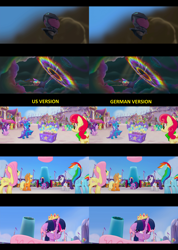 Size: 3200x4500 | Tagged: safe, edit, edited screencap, screencap, character:apple bumpkin, character:applejack, character:cantaloupe, character:dawn sunrays, character:fluttershy, character:rainbow dash, character:rarity, character:starlight glimmer, character:trixie, character:twilight sparkle, character:twilight sparkle (alicorn), species:alicorn, species:earth pony, species:pegasus, species:pony, species:unicorn, episode:sonic rainboom, g4, my little pony: friendship is magic, my little pony: the movie (2017), absurd resolution, apple family member, background pony, cake, canterlot, cape, clothing, comparison, eyes closed, female, fireworks, floppy ears, food, happy, hat, mare, open mouth, party cannon, rearing, smiling, trixie's cape, trixie's hat, unnamed pony