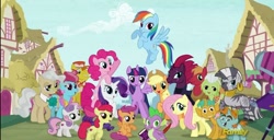 Size: 910x465 | Tagged: safe, edit, edited screencap, screencap, character:apple bloom, character:applejack, character:big mcintosh, character:carrot cake, character:cup cake, character:fluttershy, character:granny smith, character:mayor mare, character:photo finish, character:pinkie pie, character:rainbow dash, character:rarity, character:scootaloo, character:snails, character:snips, character:spike, character:sweetie belle, character:tempest shadow, character:twilight sparkle, character:twilight sparkle (alicorn), character:zecora, species:alicorn, species:dragon, species:earth pony, species:pegasus, species:pony, species:unicorn, species:zebra, /mlp/, my little pony: the movie (2017), alternate timeline, broken horn, camera, cutie mark crusaders, discovery family logo, eye scar, female, good end, horn, improved, mane six, mare, opening, pretty pretty tempest, scar