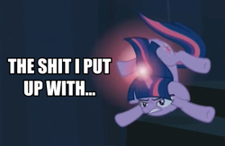 Size: 707x460 | Tagged: safe, edit, edited screencap, screencap, character:twilight sparkle, episode:the crystal empire, g4, my little pony: friendship is magic, cropped, female, glowing horn, horn, image macro, solo, stairs