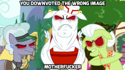 Size: 1024x576 | Tagged: safe, edit, edited screencap, screencap, character:bulk biceps, character:granny smith, species:pony, episode:all bottled up, g4, my little pony: friendship is magic, anger magic, angry, clarity cut, floppy ears, image macro, jeweler pony, magic, meme, red eyes, vulgar